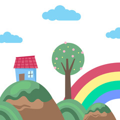 home house hill rainbow travel nature landscape playful whimsical background for cute children