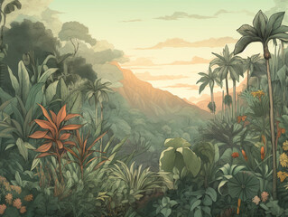 Canvas Print - Tropical jungle with pastel sky 