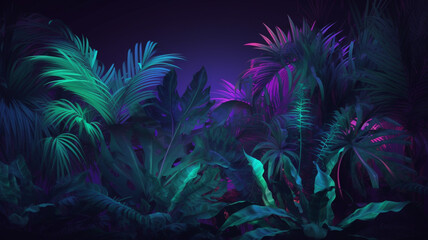 Poster - Tropical plants with neon glow