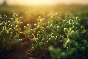 Wall Mural - Growing chickpeas plant field and morning light. Chickpeas ripening in the field. Chickpeas pod with green young plants in the field. 