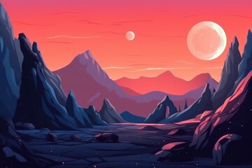 Wall Mural - A cartoon landscape with mountains and a sunset. Generative AI