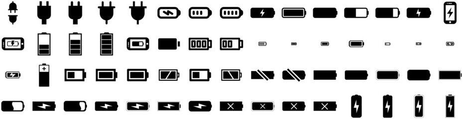 Wall Mural - Set Of Battery Icons Isolated Silhouette Solid Icon With Electric, Battery, Electricity, Power, Industry, Energy, Technology Infographic Simple Vector Illustration Logo