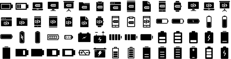 Wall Mural - Set Of Battery Icons Isolated Silhouette Solid Icon With Battery, Industry, Electricity, Technology, Power, Energy, Electric Infographic Simple Vector Illustration Logo