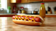 Large hot dog with vegetables on the table. Kitchen. Generative Ai