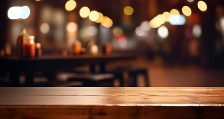 Wall Mural - Wooden top table with defocused light background