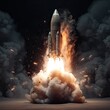 Rocket takes off into outer space. Spaceships lift off with blasts and smoke on the background of the blue planet earth and sunset. Start mission concept. Generative Ai