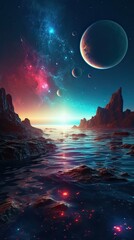 Poster - Night landscape with colorful Milky Way at sea. Starry sky with the sea at night scence Beautiful Universe. Space background. Generative Ai.