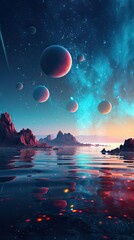 Wall Mural - Night landscape with colorful Milky Way at sea. Starry sky with the sea at night scence Beautiful Universe. Space background. Generative Ai.