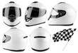 set collection of white motorcycle carbon integral crash helmet isolated in various angles white background. motorsport car kart racing transportation safety concept