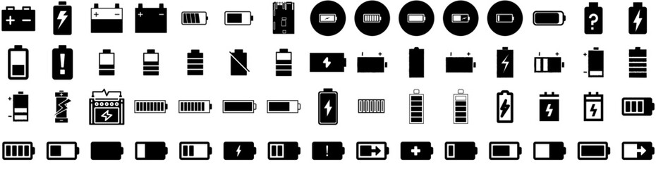 Wall Mural - Set Of Battery Icons Isolated Silhouette Solid Icon With Electric, Energy, Technology, Electricity, Industry, Battery, Power Infographic Simple Vector Illustration Logo