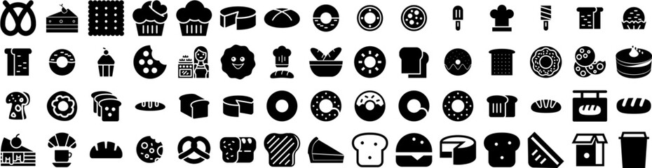 Set Of Bakery Icons Isolated Silhouette Solid Icon With Food, Bakery, Pastry, Croissant, Cafe, Shop, Bread Infographic Simple Vector Illustration Logo