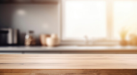 Beautiful empty brown wooden table top and blurred defocused modern kitchen interior background with daylight flare, product montage display. generative ai