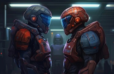 two robotic red and blue looking at each other. abstraction on the topic of technology and games. two robotic red and blue looking at each other helmets facing. 3d illustration. Generative Ai.