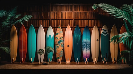 Collection vintage wooden surfboard, retro styles. Generative Ai