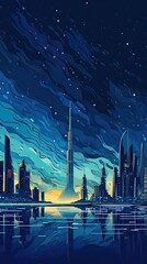 Sticker - illustration of Night Dubai skyline. illustration of Dubai city in United Arab Emirates and its landmarks. Famous buildings included such as Burj Khalifa, Burj Al Arab, Dubai Atlantis, Generative Ai.