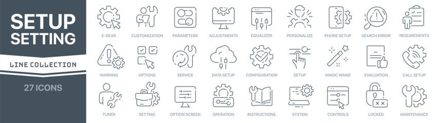 Poster - Setup and setting linear signed icon collection. Signed thin line icons collection. Set of setup and setting simple outline icons