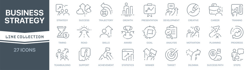 Poster - Business strategy linear signed icon collection. Signed thin line icons collection. Set of business strategy simple outline icons