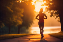 Sporty Woman Running In The Park At Dawn. Woman Fitness Sunrise Jogging Workout 