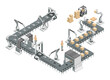 Robotic assembly line in an automated factory. Conveyor system and robotic arms. Isometric vector illustration.