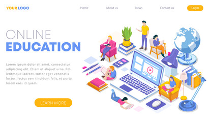 Wall Mural - Isometric concept of online education in modern flat design. Landing page template. Training courses, tutorials, lectures. Vector illustration for web banner, infographics, and website..