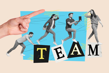 Wall Mural - Artwork collage image of big arm point finger mini black white colors coworkers team run use netbook push forward isolated on beige background