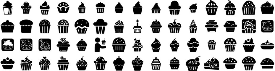 set of cupcake icons isolated silhouette solid icon with cupcake, food, isolated, cake, sweet, desse