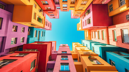 Wall Mural - Abstract art. Colorful art style of colorful buildings with blue sky. Low angle view. Generative AI.