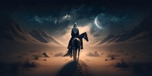 A Man On A Horse In The Desert Night Sky Background