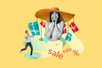 Wall Mural - Poster banner collage of amazed lady impressed season summer bargains special offer for tourist