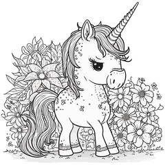 Wall Mural - Unicorn vector coloring book black and white for kids isolated line art on white background.