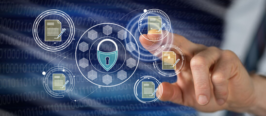 Wall Mural - Man touching a data protection concept