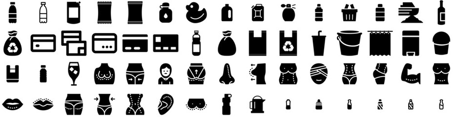 Set Of Plastic Icons Isolated Silhouette Solid Icon With Blank, Transparent, Background, Clear, Empty, Plastic, Bag Infographic Simple Vector Illustration Logo