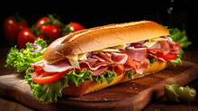 Submarine sandwich with ham, cheese, lettuce, tomatoes,onion, mortadella and sausage on wooden table. Generative Ai