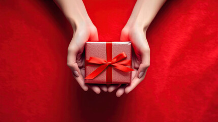 top view of Woman hands holding red gift box on the red background.