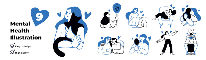 Aufkleber - Mental health concept with character situations set. Collection of scenes people hug with friends and pets, self care and relax, emotions of love and happiness. Vector illustrations in flat web design