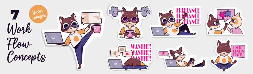 Poster - Workflow cat stickers concept with character situations set. Cute cat working at laptop as freelancer, making tasks, drinks coffee. Collection of people scenes. Vector illustrations in flat web design