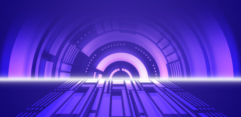 Wall Mural - Corridors and entrances resemble abstract tunnels, glowing corridors. Dark blue and neon background. Set with squares, semicircles, moving lights. and overlap.