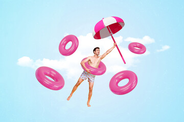 Poster - Composite design collage of young funky guy flying catch summertime parasol shirtless macho wear rubber ring isolated on heaven background