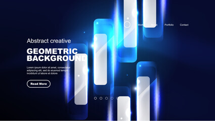 Abstract background landing page, geometric shape illuminated with glowing neon light on dark background. Futuristic city lights concept