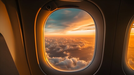 Beautiful sunset, sky on the top view, airplane flying view from inside window aircraft of Traveling Generative AI