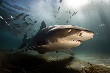 Canvas Print - sand tiger shark swimming over rays, hunting for its next meal, created with generative ai