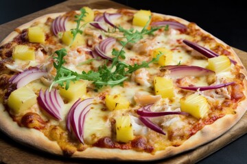 Canvas Print - pizza with crab & pineapple sauce, red onion and mozzarella, created with generative ai