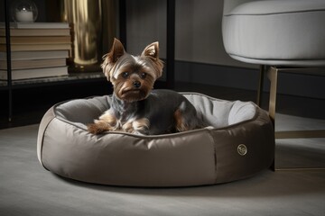 Canvas Print - modern pet bed with plush pillow and blanket in sleek, contemporary room, created with generative ai