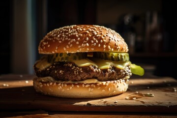 Canvas Print - classic burger, with pickles and ketchup, on sesame seed bun, created with generative ai