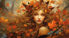 A Beautiful Fairy Queen, Surrounded By Swirling Autumn Leaves And Tiny Woodland Creatures Generative AI