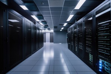 Canvas Print - clean and well-lit server room, with racks of servers and high-tech equipment, created with generative ai