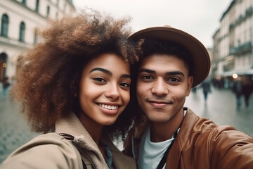 loving happy couple of travelers take selfies on street on trip to cities of Europe. Generative AI