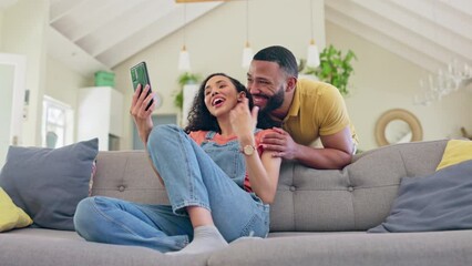 Poster - Happy couple, phone and video call laughing for funny joke, conversation or discussion on living room sofa at home. Man and woman relaxing and talking on smartphone with laugh for fun communication