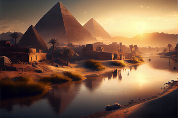 scenic illustration of the great pyramids and Nile river. AI