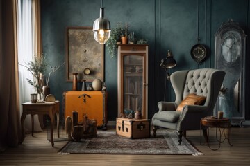 Canvas Print - room with vintage upcycled furniture and modern accessories, created with generative ai